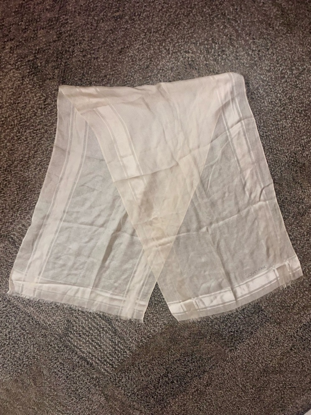 Vintage Calvin Klein Logo Ivory Silk Scarf Rectangle 15.5”x52.5”.